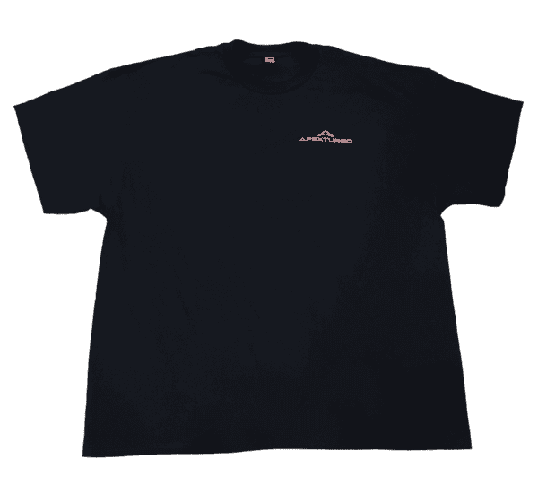 A black T-shirt with a pink logo on it.